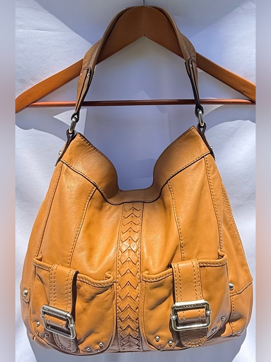 Tignanello Handbags - Tignanello Cognac Leather Hobo Shoulder Bag Braided Trim Utility Pocket Purse